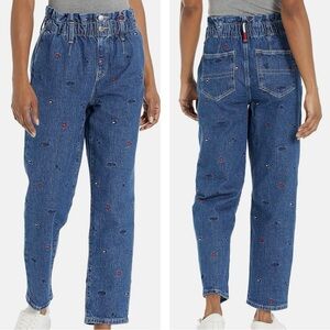 Tommy Hilfiger Women Blue High Rise Paperbag Embroidered Stars Jeans US2 Retro